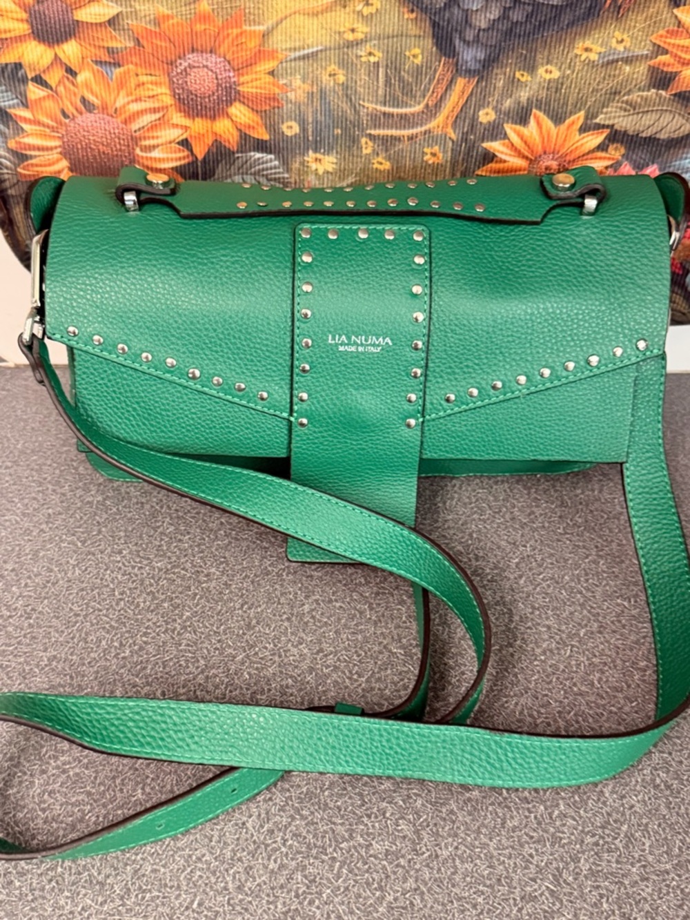 Lia Numa Green Leather Crossbody Bag with Stud Detailing